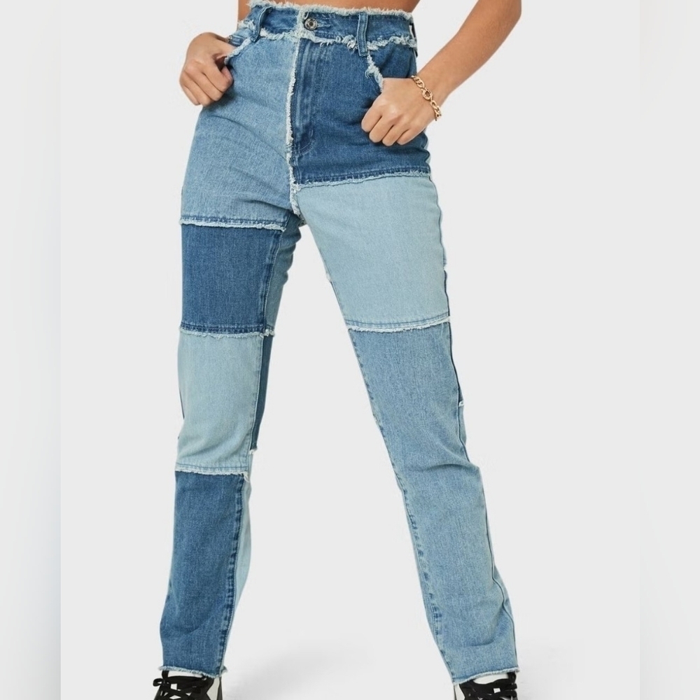 Missguided Patchwork Straight Leg Jeans in Mixed Blue Denim